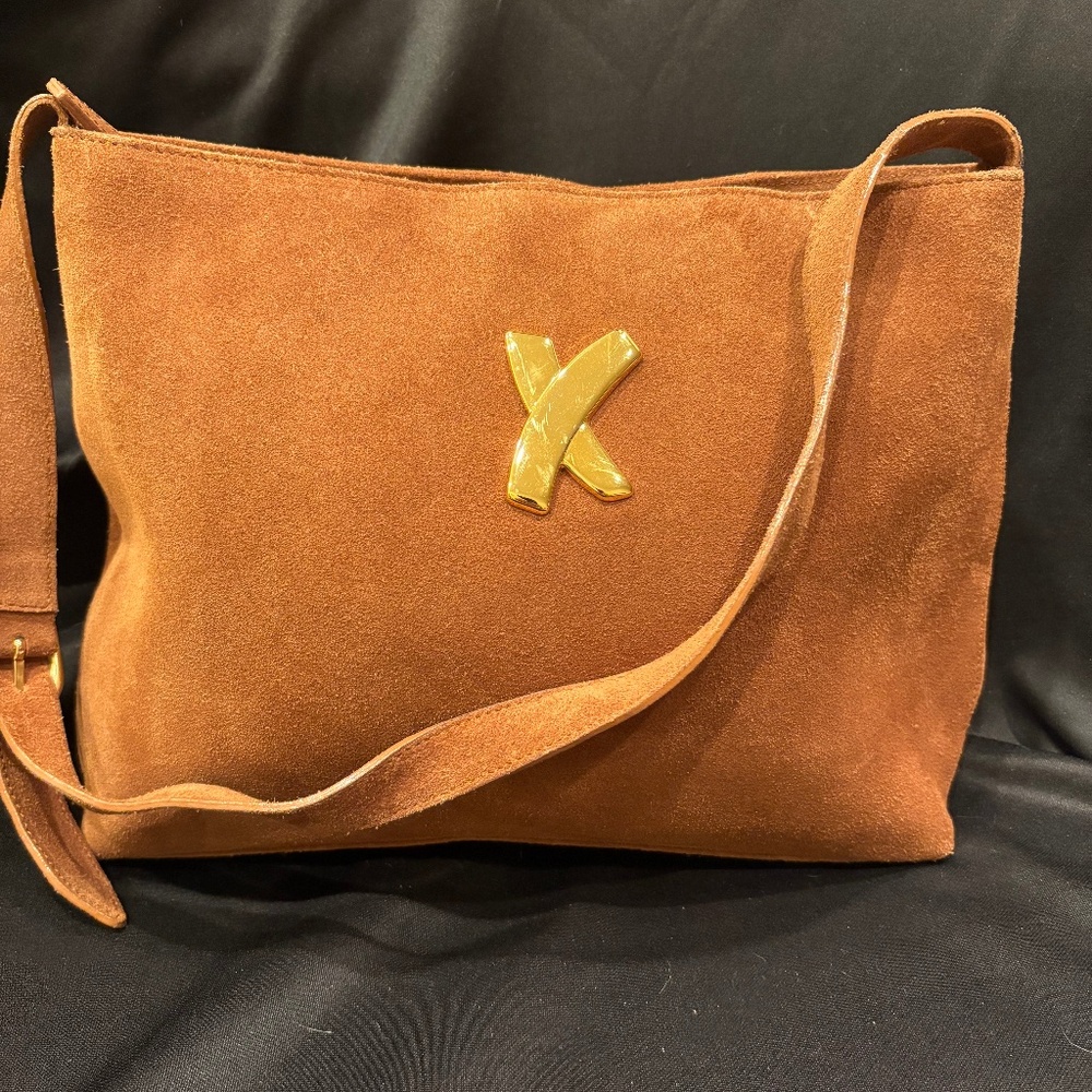 Vintage Paloma Picasso Suede Shoulder Bag — Cognac/Brown, Gold “X” Logo